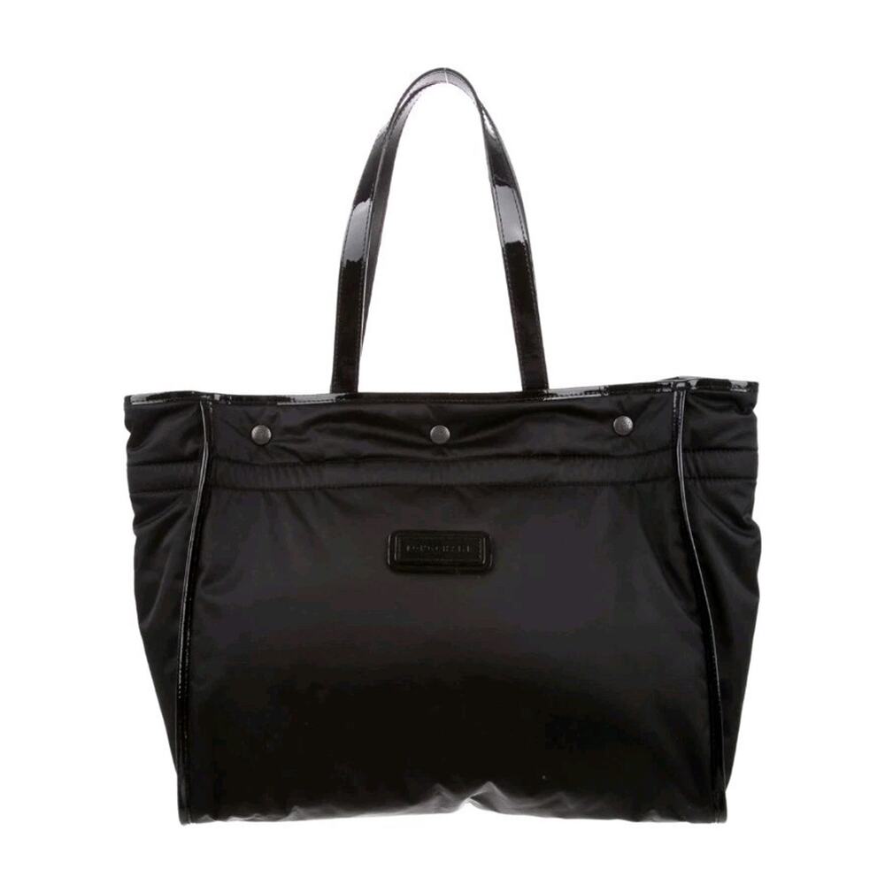 New Longchamp Black Nylon Tweedy Leather Patent Trimmed Medium Tote Black